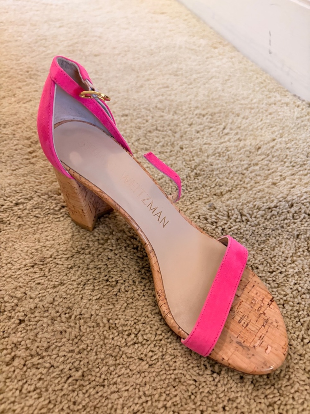 Stuart Weitzman Hot Pink Suede Cork Block Heel Sandal